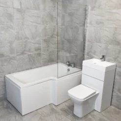 L Shaped 1700 Showerbath Suite Inc Taps & Compact Toilet + Sink Unit Right Hand