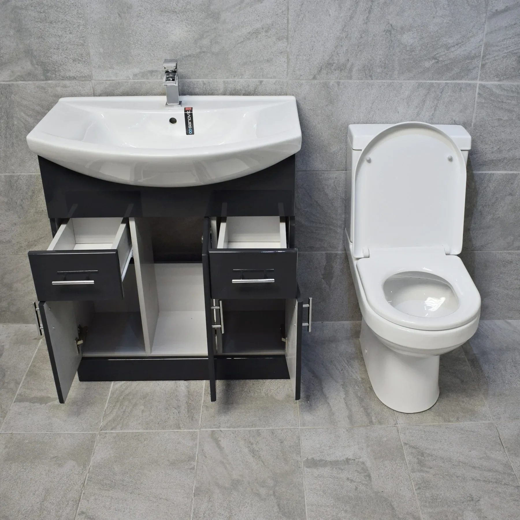 750mm Glossy Anthracite Sink Basin Vanity Unit Set Storage Unit + Toilet Set 4 750mm Glossy Anthracite Sink Basin Vanity Unit Set Storage Unit + Toilet Set - Image 2