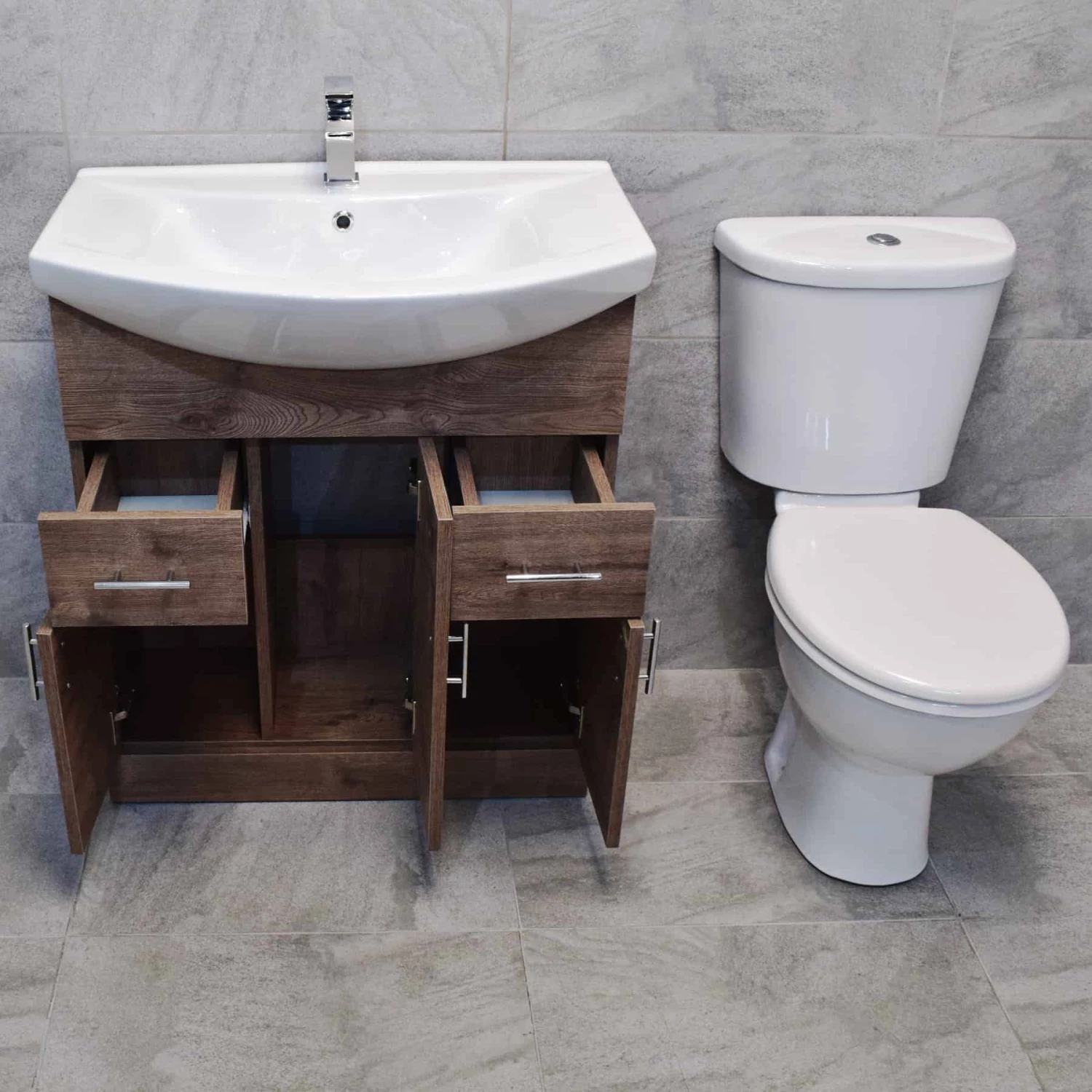 750mm Walnut Oak Sink Basin Vanity Unit Set Storage Unit + Toilet Set 6 750mm Walnut Oak Sink Basin Vanity Unit Set Storage Unit + Toilet Set - Image 4