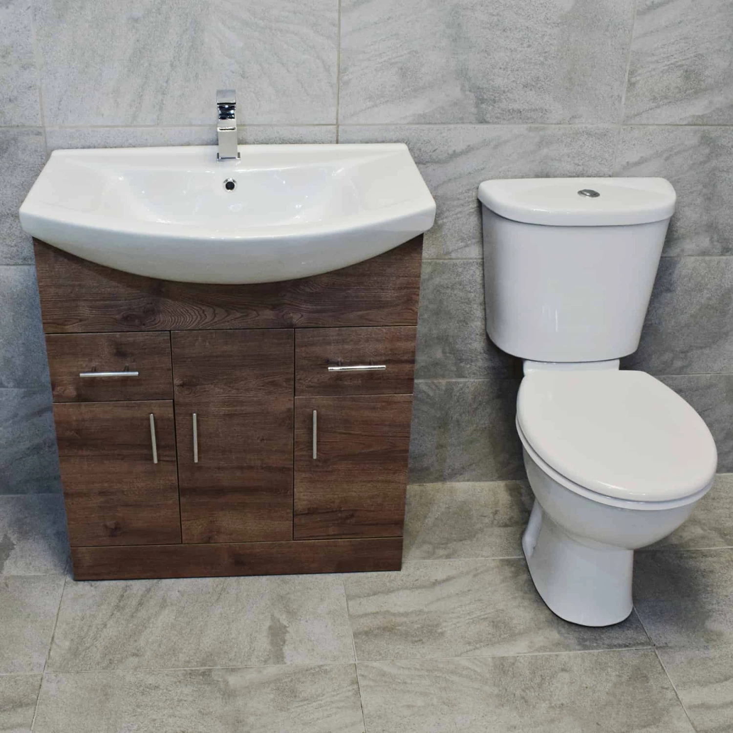 750mm Walnut Oak Sink Basin Vanity Unit Set Storage Unit + Toilet Set 3 750mm Walnut Oak Sink Basin Vanity Unit Set Storage Unit + Toilet Set