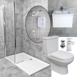 Atlas 1400 Or 1700 Walk In Shower Suite + Vanity Unit + Toilet + Electric Shower