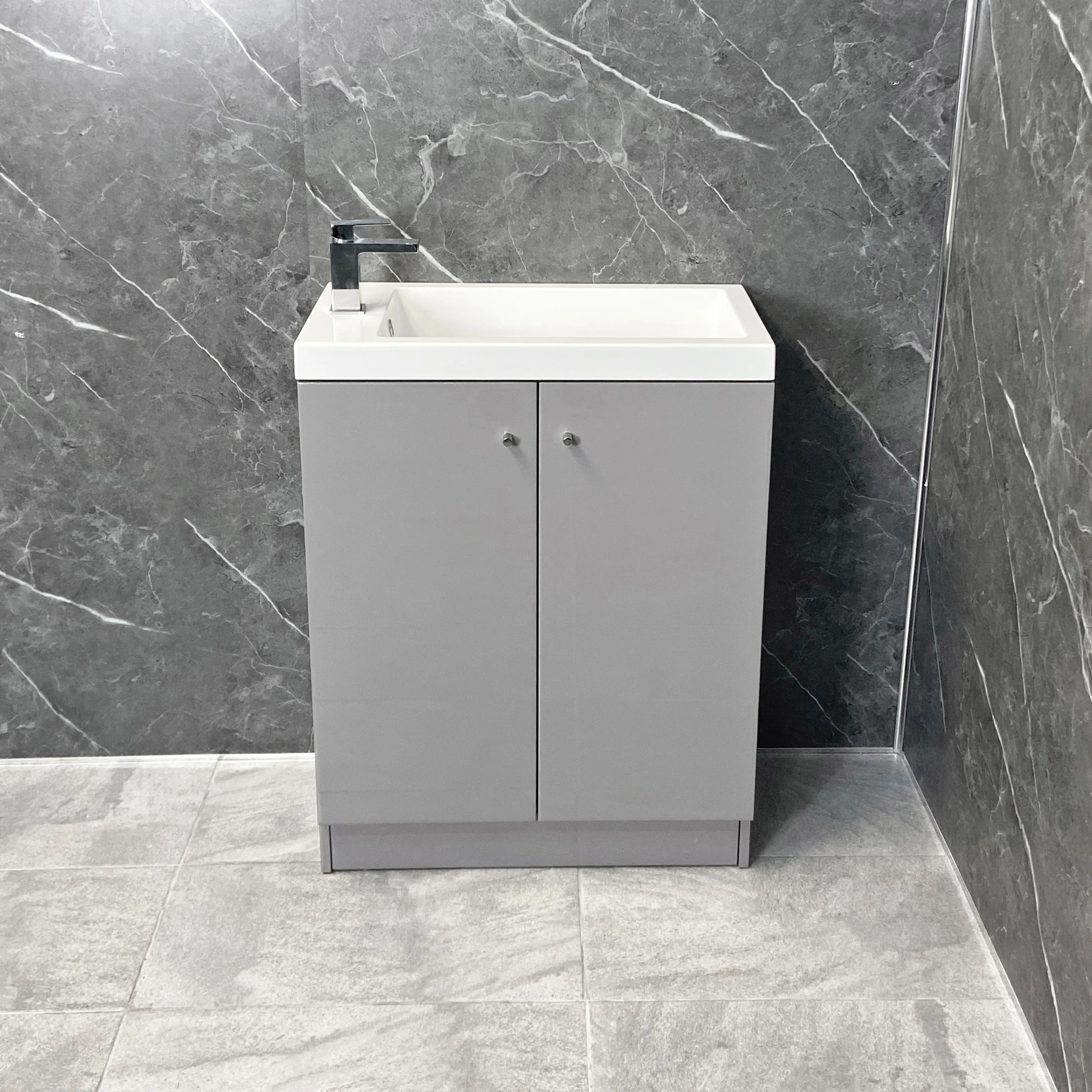 Ex-Bathstore Alpine Duo 660mm Grey Gloss Vanity Unit With Resin Basin Sink 3 Ex-Bathstore Alpine Duo 660mm Grey Gloss Vanity Unit With Resin Basin Sink