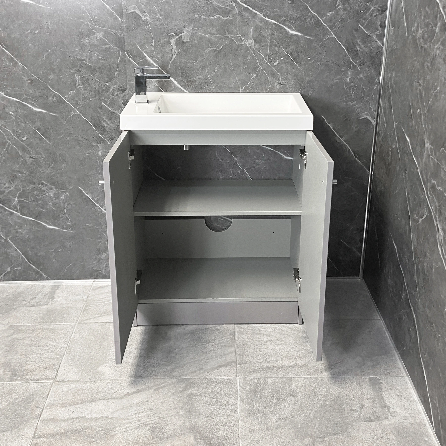 Ex-Bathstore Alpine Duo 660mm Grey Gloss Vanity Unit With Resin Basin Sink 6 Ex-Bathstore Alpine Duo 660mm Grey Gloss Vanity Unit With Resin Basin Sink - Image 4