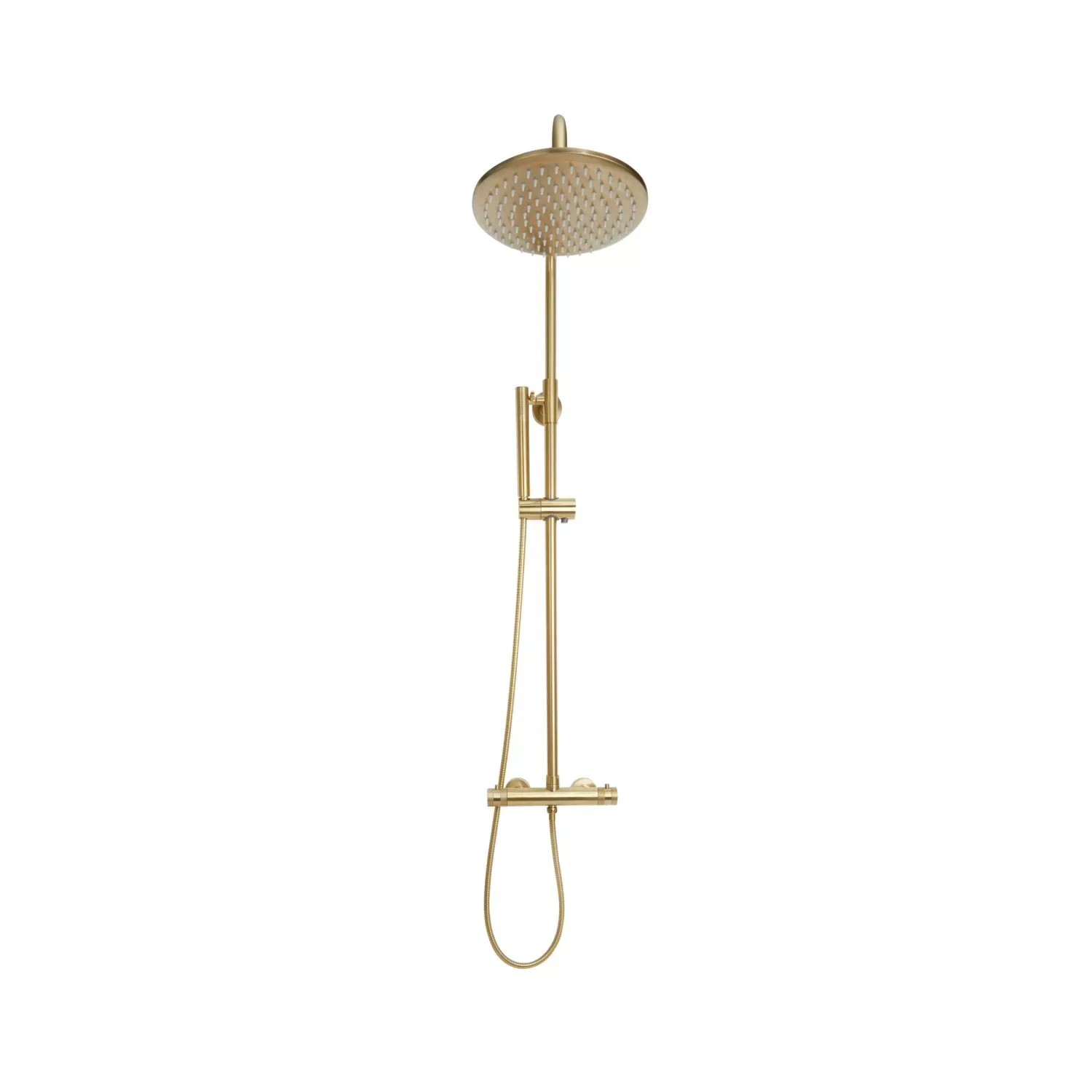 Core Brushed Brass Thermostatic Round Rigid Riser Shower Valve Two Heads 4 Core Brushed Brass Thermostatic Round Rigid Riser Shower Valve Two Heads - Image 2