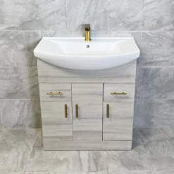 Mediterranean 750mm Grey Ash Vanity Basin Sink Unit With Brushed Brass Handles