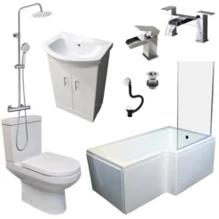 Complete Right Hand L Shape Shower Bath Suite Inc Vanity Unit, Screen & Taps