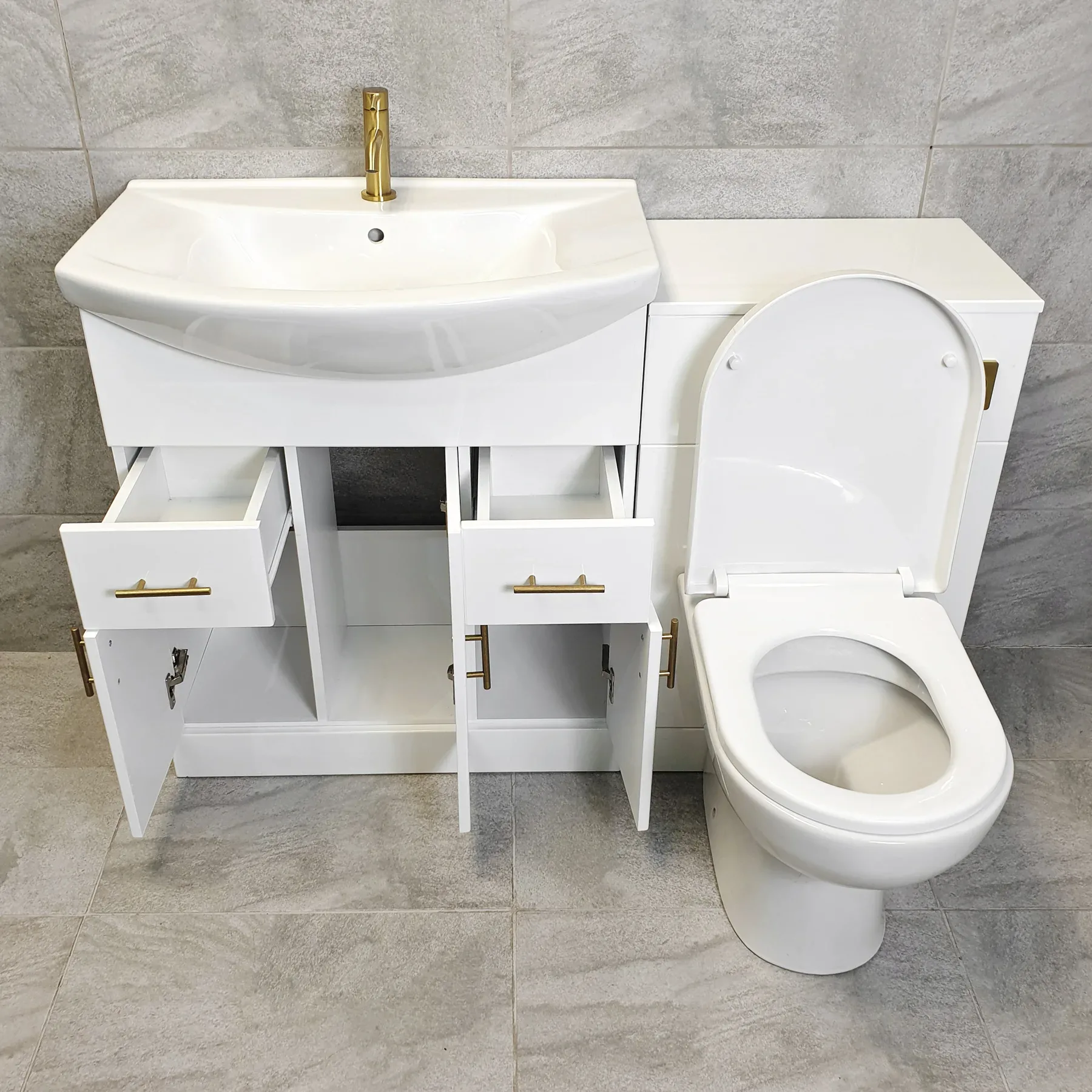 1250 1350 1450 Bathroom Vanity Suite With Sink + Toilet + Brushed Brass Handles 4 1250 1350 1450 Bathroom Vanity Suite With Sink + Toilet + Brushed Brass Handles - Image 2