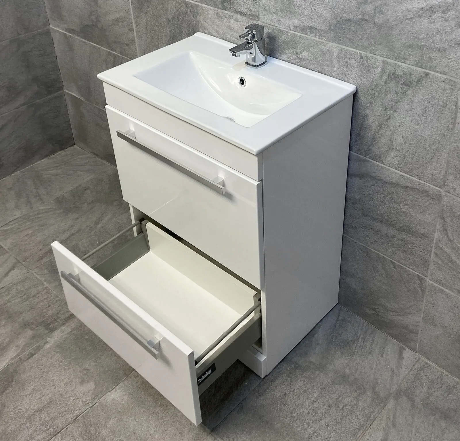 Nicky 600mm Square Vanity Unit & Ceramic Basin Sink Bathroom Drawer White Gloss 7 Nicky 600mm Square Vanity Unit & Ceramic Basin Sink Bathroom Drawer White Gloss - Image 5