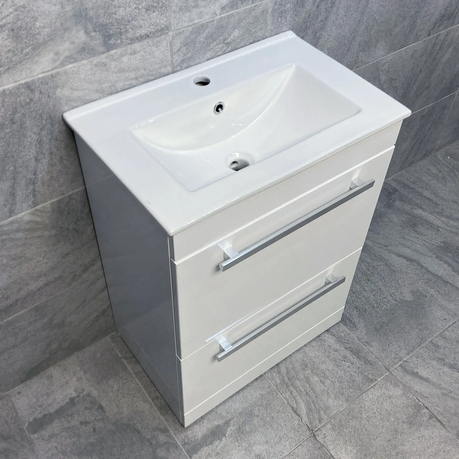 Nicky 600mm Square Vanity Unit & Ceramic Basin Sink Bathroom Drawer White Gloss 9 Nicky 600mm Square Vanity Unit & Ceramic Basin Sink Bathroom Drawer White Gloss - Image 7
