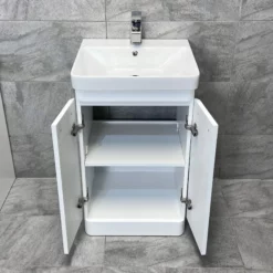 Pacific 500mm Curved Vanity Sink Unit + Ceramic Basin Bathroom Storage White 12 Pacific 500mm Curved Vanity Sink Unit + Ceramic Basin Bathroom Storage White -UK Bathroom Products Sales 2024 Perla 500 Basin Open jpg webp 1