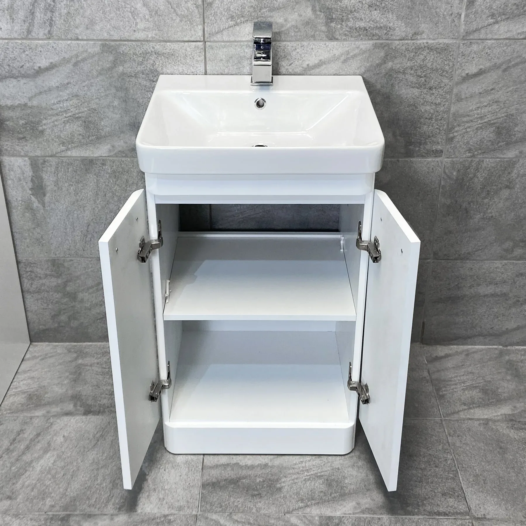 Pacific 500mm Curved Vanity Sink Unit + Ceramic Basin Bathroom Storage White 7 Pacific 500mm Curved Vanity Sink Unit + Ceramic Basin Bathroom Storage White - Image 5