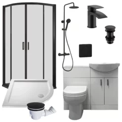 Rene Complete Quadrant Shower Cubicle Suite Inc Vanity + Black Tap & Valve