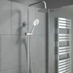 Round Exposed Thermostatic Valve With Rigid Riser, Overhead Shower & Hand Set