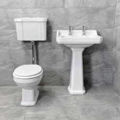 Savoy Traditional Victorian Low Level Toilet & Basin + Button + Heavy Duty Seat