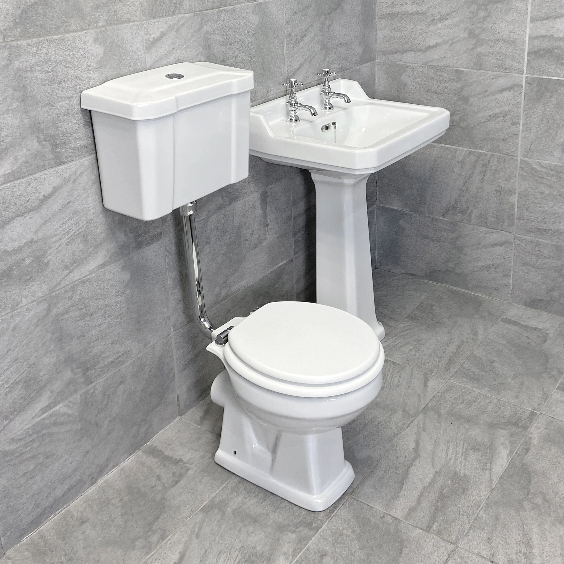Savoy Traditional Victorian Low Level Toilet & Basin + Button + Heavy Duty Seat 4 Savoy Traditional Victorian Low Level Toilet & Basin + Button + Heavy Duty Seat - Image 2