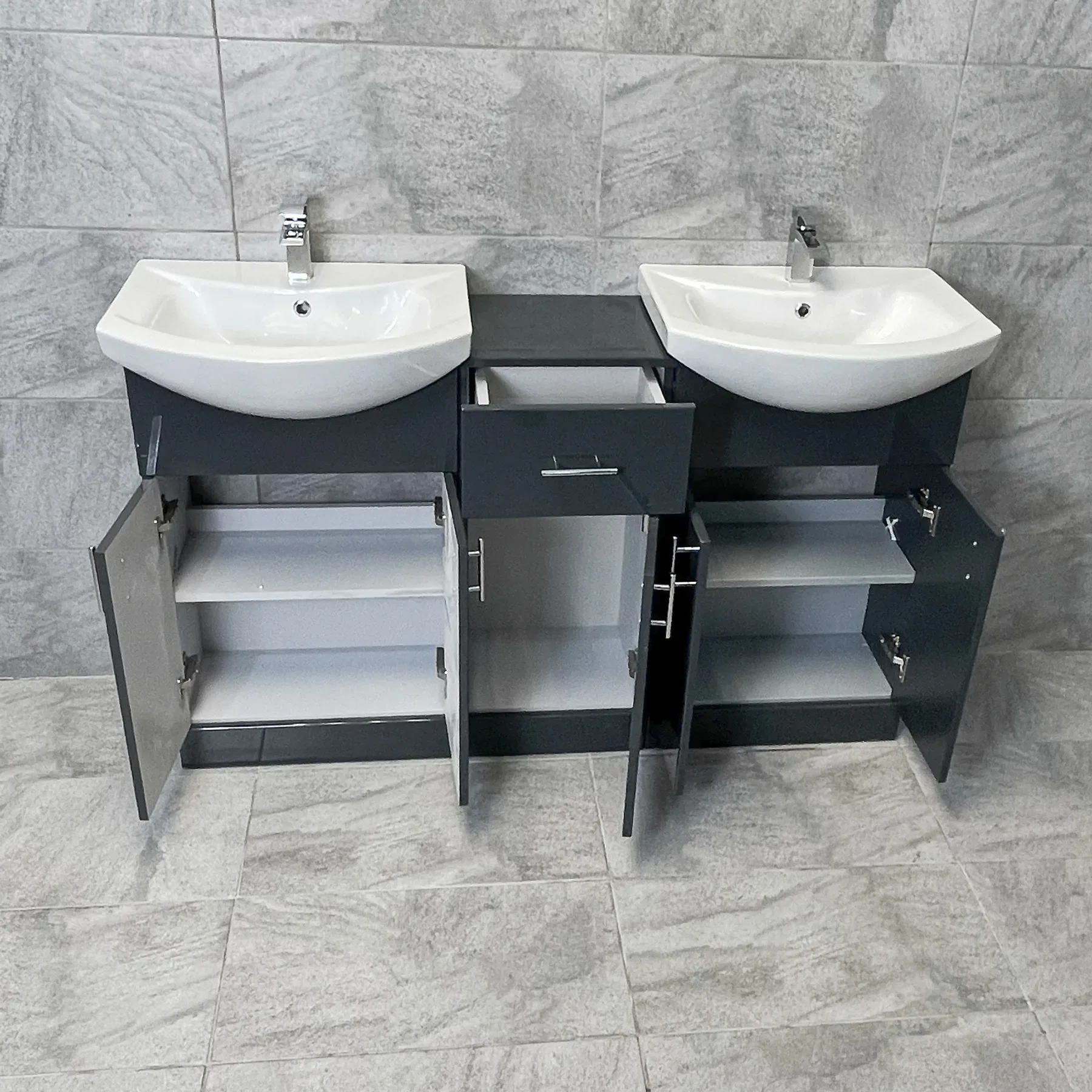 Mediterranean 1450mm Double Basin Sink Vanity Unit Set Bathroom Anthracite Gloss 6 Mediterranean 1450mm Double Basin Sink Vanity Unit Set Bathroom Anthracite Gloss - Image 4