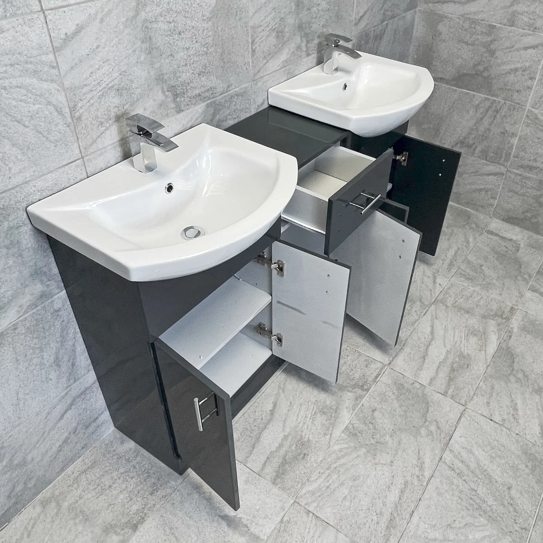 Mediterranean 1450mm Double Basin Sink Vanity Unit Set Bathroom Anthracite Gloss 7 Mediterranean 1450mm Double Basin Sink Vanity Unit Set Bathroom Anthracite Gloss - Image 5