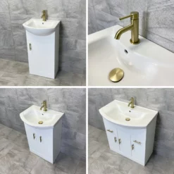 Vanity Unit Bathroom Sink Basin Storage White With Gold Brushed Brass Handles