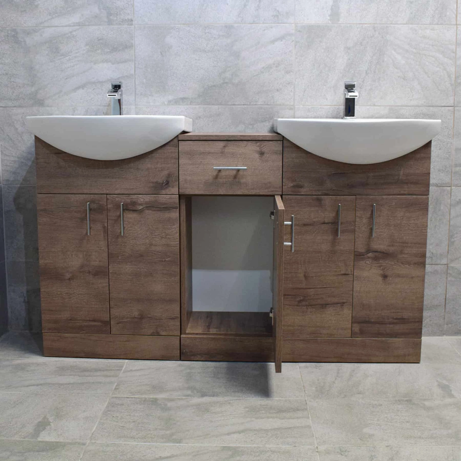 Mediterranean 1450 Double Basin Sink Vanity Unit Set Bathroom Walnut Oak Finish 6 Mediterranean 1450 Double Basin Sink Vanity Unit Set Bathroom Walnut Oak Finish - Image 4