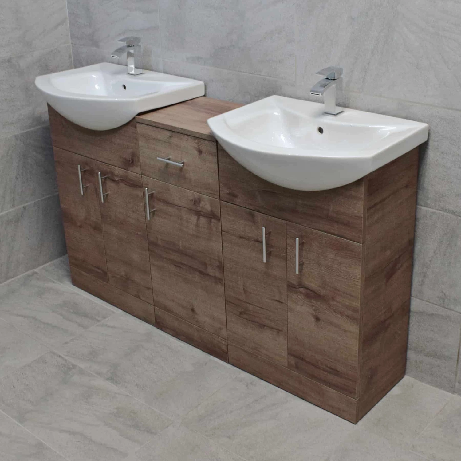Mediterranean 1450 Double Basin Sink Vanity Unit Set Bathroom Walnut Oak Finish 7 Mediterranean 1450 Double Basin Sink Vanity Unit Set Bathroom Walnut Oak Finish - Image 5