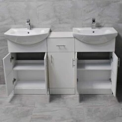 Mediterranean 1450mm Double Basin Sink Vanity Unit White Finish 10 Mediterranean 1450mm Double Basin Sink Vanity Unit White Finish -UK Bathroom Products Sales 2024 St moritz double basin white doors