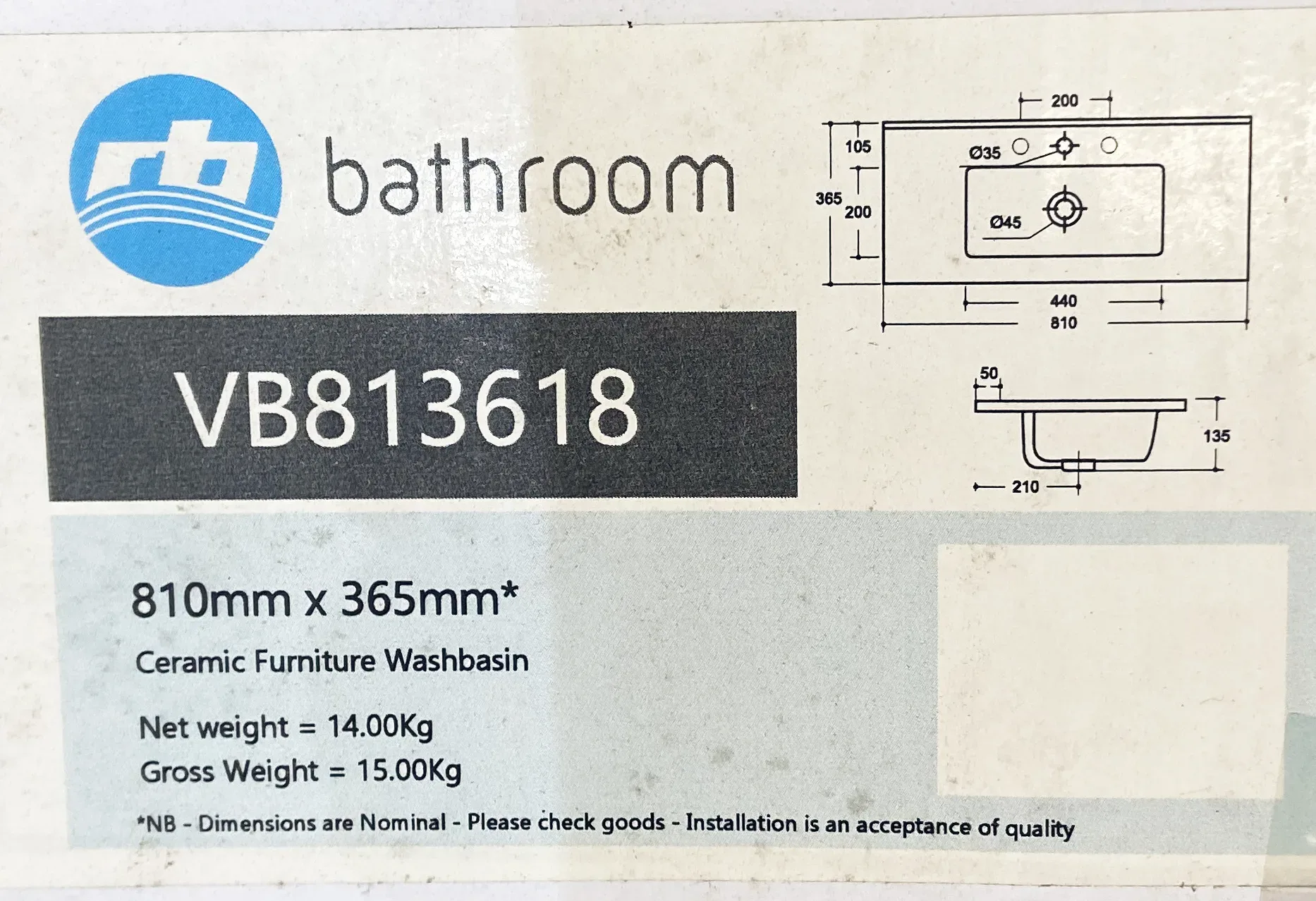 810mm X 365mm Ceramic Bathroom Furniture Sink Vanity Basin Rectangular 4 810mm X 365mm Ceramic Bathroom Furniture Sink Vanity Basin Rectangular - Image 2