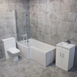 Vadar L Shape Showerbath Suite 1000mm Vanity Unit Basin + Toilet Set LEFT HAND